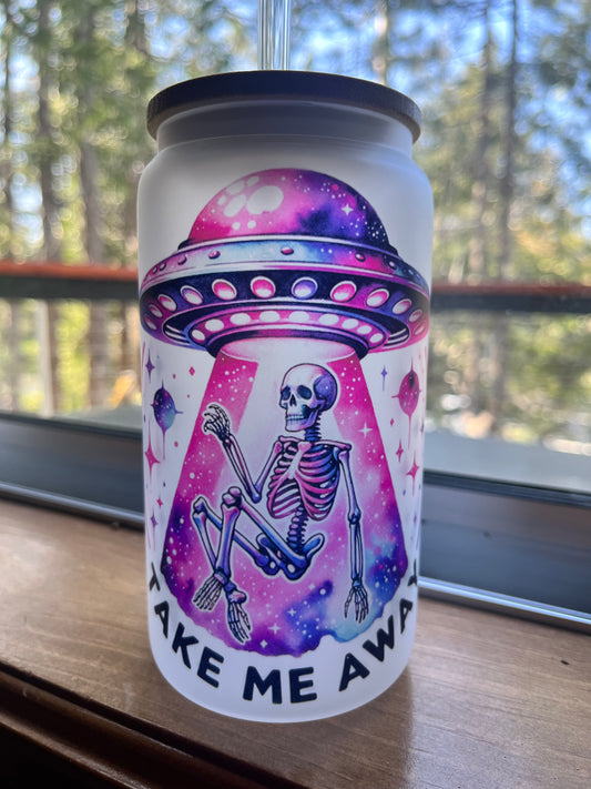 Take Me Away Alien Frosted Glass | Alien Cup | Psychadelic Alien | Psychadelic UFO | Skeleton Alien