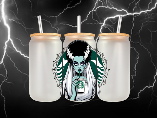 Bride of Frankenstein Coffee Frosted Cup | Spooky Coffee | Coffee or Die | Halloween Glass Can Cups | Frankenstein and the Bride