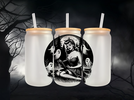 Graveyard Reader Babe Frosted Cup | Ghosts and Books | Retro Pin-Up | Halloween Queen | Gothic Book Worm | Graveyard Babe