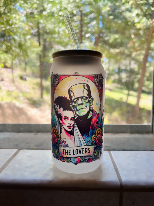 Frankenstein and the Bride Frosted Glass | |The Lovers Frosted Glass | The Lovers Tarot Design | Classic Horror Monsters