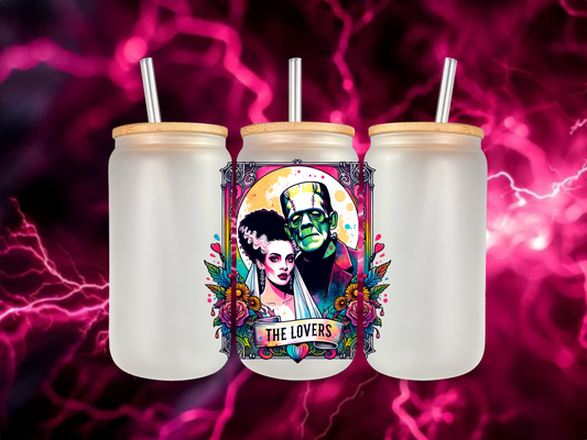 Frankenstein and the Bride Frosted Glass | |The Lovers Frosted Glass | The Lovers Tarot Design | Classic Horror Monsters