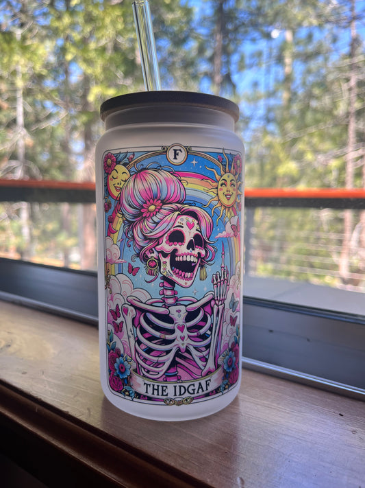 The IDGAF Happy Skeleton Frosted Cup | IDGAF Tarot Humor | Flip Off Humor | Adult Humor | Tarot Cup